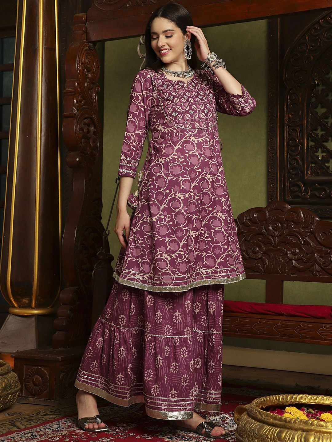 Dhiyona SN Women's Floral Printed Pleated Mirror Work Pure Cotton Kurta with Sharara & Dupatta