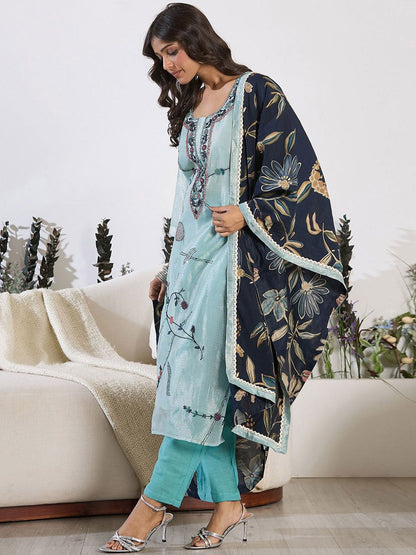 Indyancart IE Floral Embroidered Thread Work Pure Cotton Kurta with Trouser & Dupatta