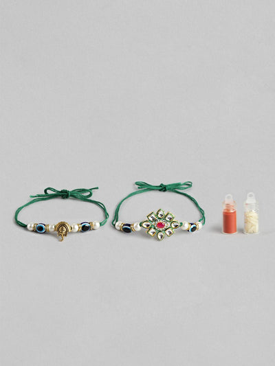 Indyancart Unisex Set of 2 Beaded Bhai Bhabhi Rakhis With Roli & Chawal