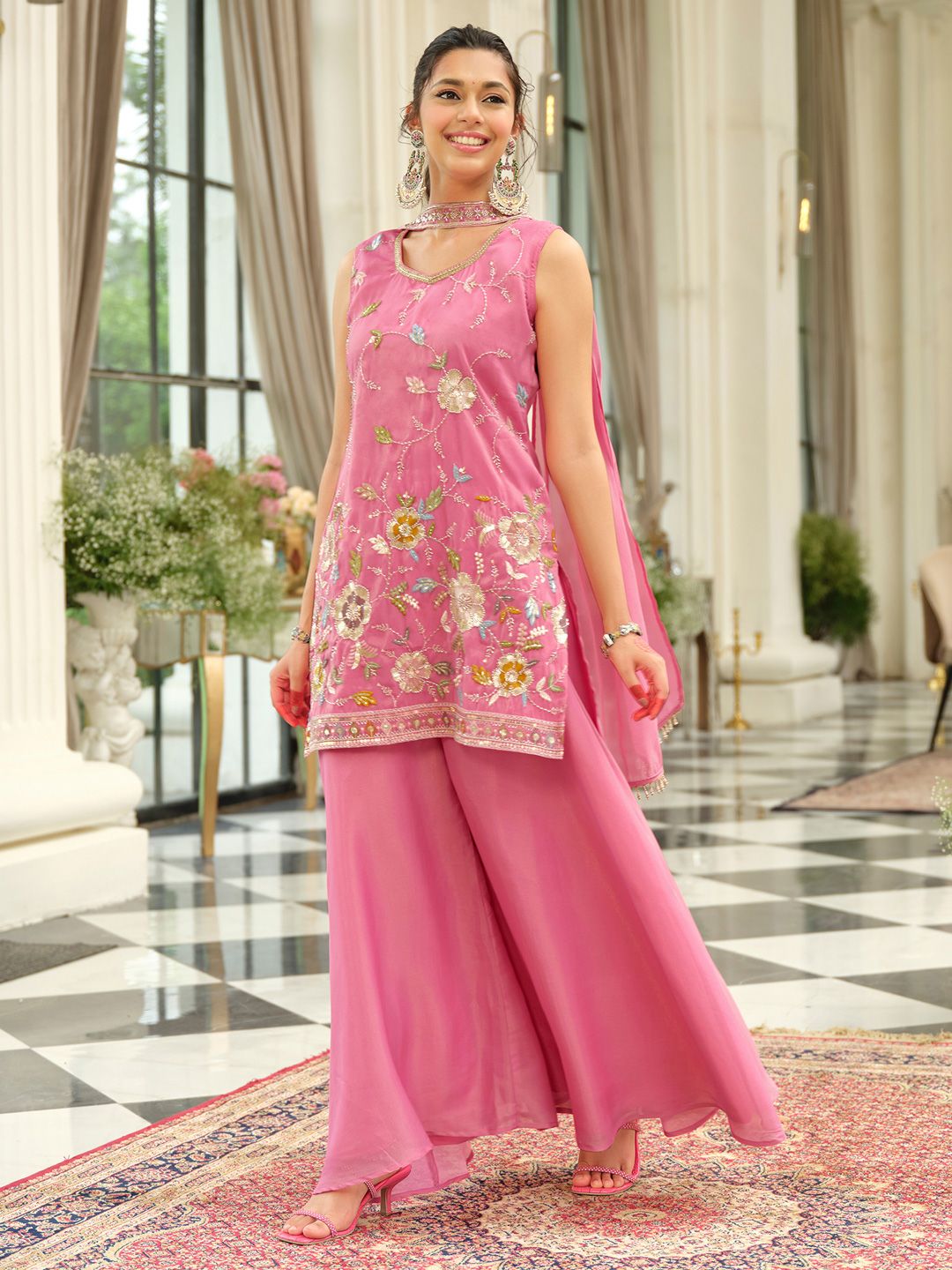 Floral Embroidered Thread Work Kurta with Palazzos & Dupatta