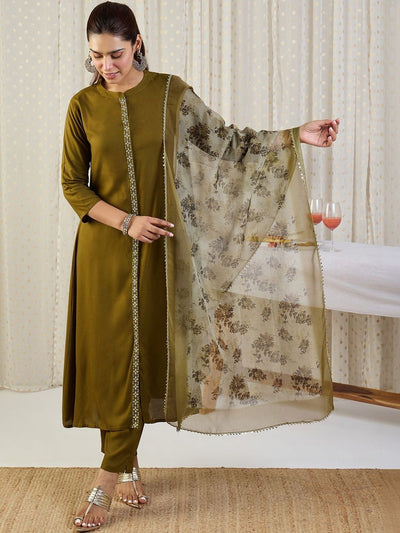 Indyancart IE Ethnic Motifs Band Collar Thread Work Kurta With Trousers & Dupatta
