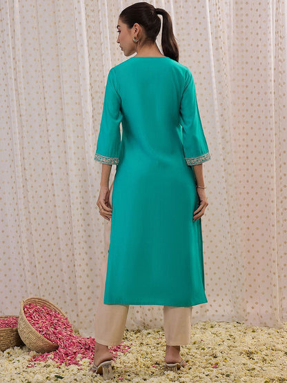 Indyancart IE Blue Floral Embroidered Chanderi Silk Straight Kurta