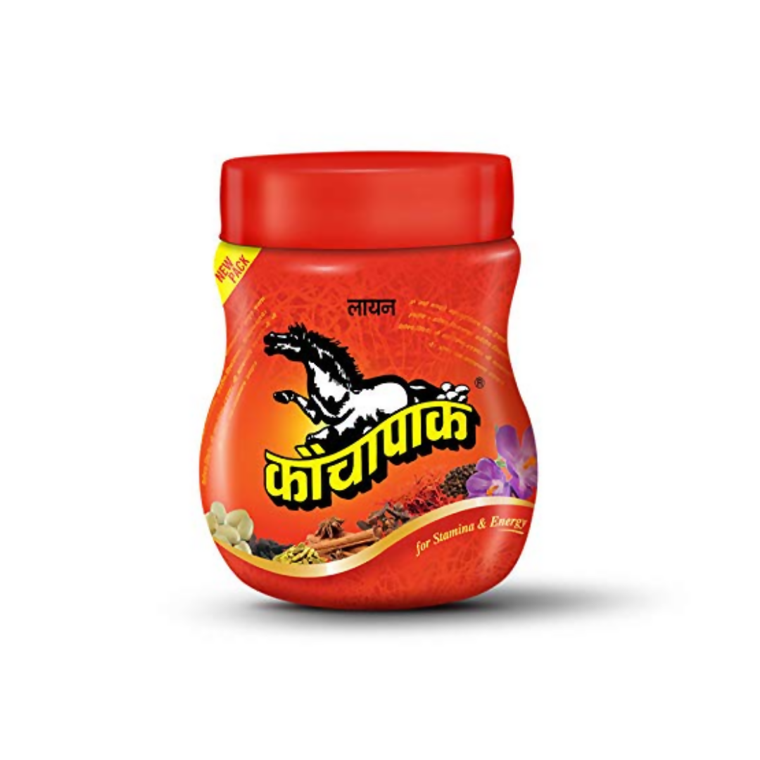 Lion Ayurveda Kaucha Pak Ayurvedic Churna in a glass jar with spice powder, used for digestive health and traditional herbal remedies.
