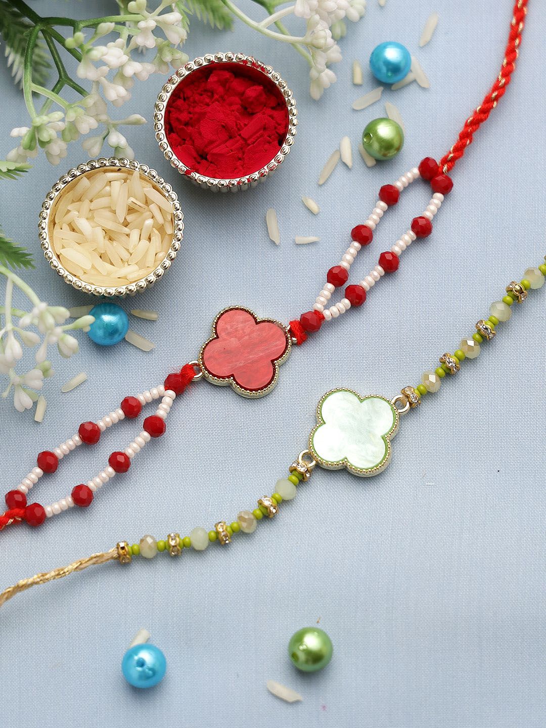 Anouk Set Of 2 Red Beaded Rakhi With Roli Rice & Greeting Card