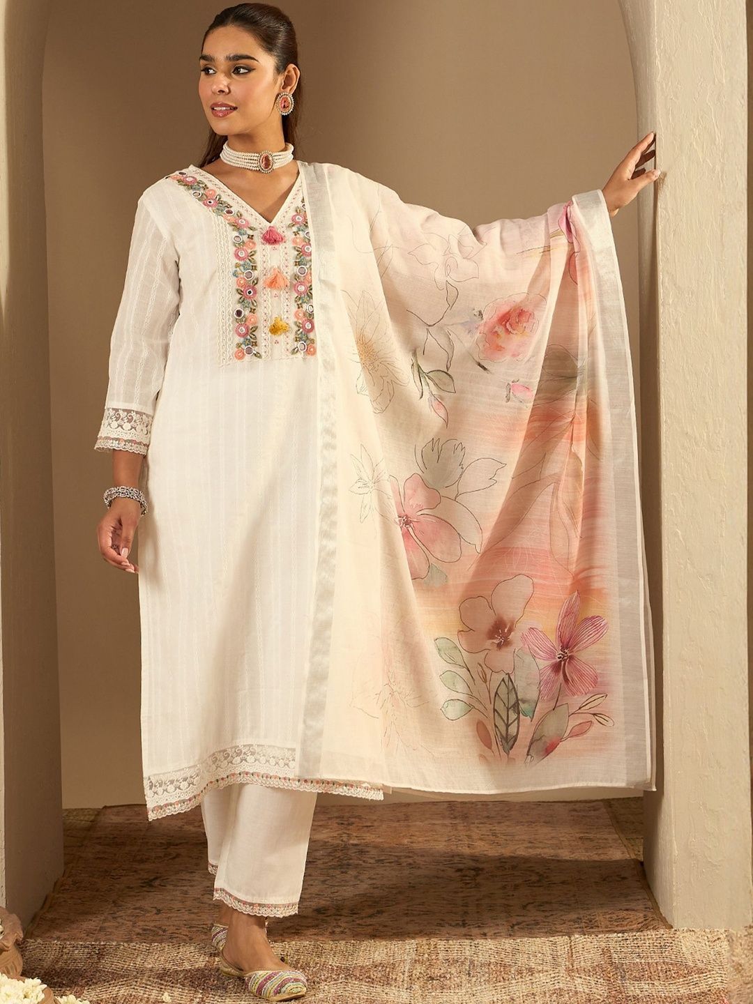 Floral Embroidered Regular Mirror Work Pure Cotton Kurta With Trousers & Dupatta
