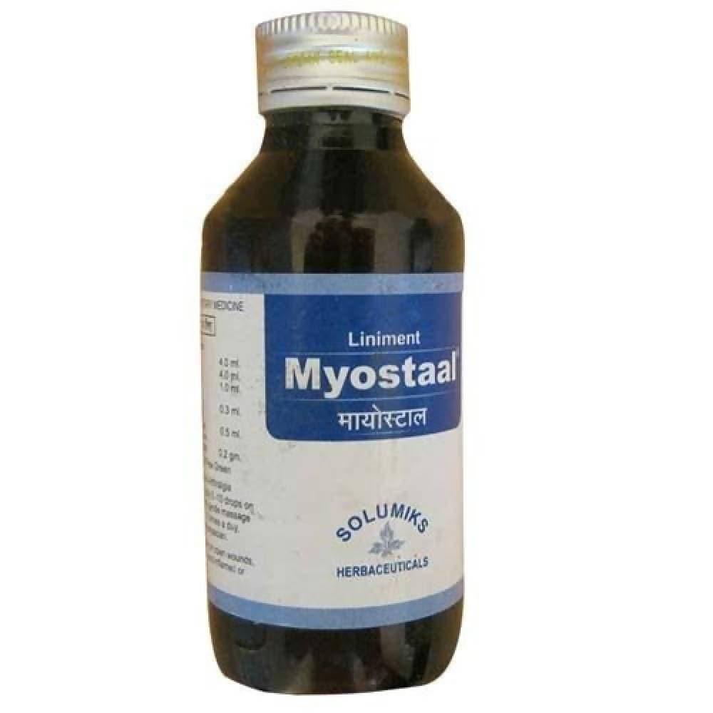 Solumiks Myostaal Liniment in a glass bottle, Ayurvedic oil for muscle relief and wellness, with herbal ingredients.