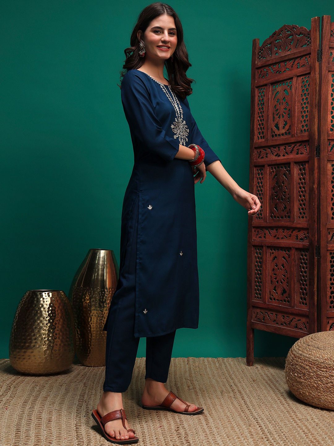 Indyancart SN Women's Sequin Embroidered Straight Kurta & Trousers With Dupatta