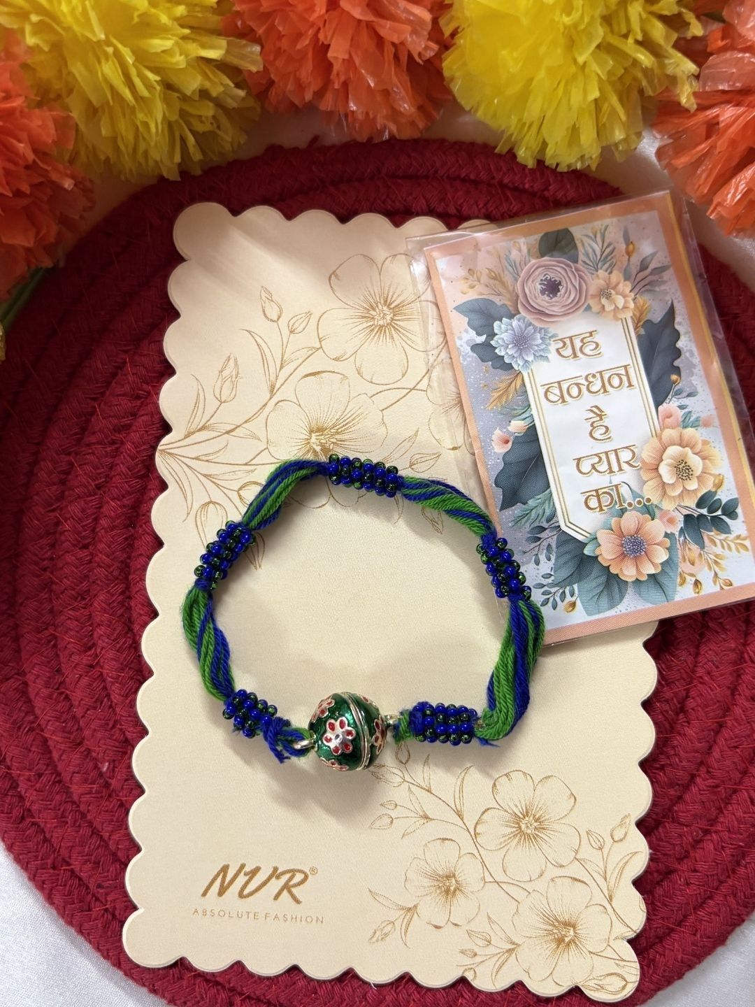 Anouk Magnetic Opening Blue Meenakari Work Thread Rakhi With Roli Chawal Chandan Mishri