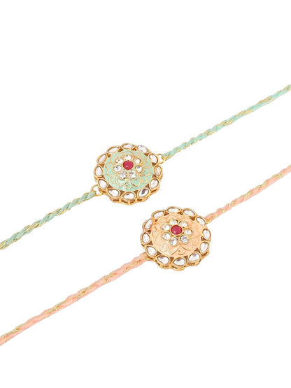 Anouk Kundan Studded Floral Bhaiya Bhabhi Rakhis With Roli Chawal Chandan & Mishri