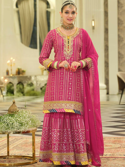 Indyancart IE Women Ethnic Motifs Embroidered Regular Sequinned Kurta Set With Dupatta