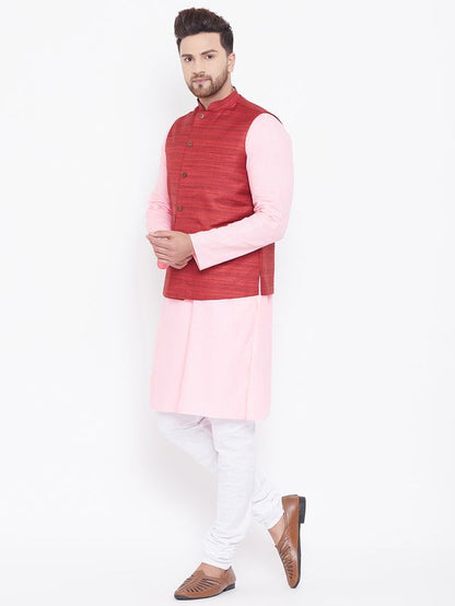 Men's Pink Cotton Blend Straight Jacket  Kurta and Pyjama Set