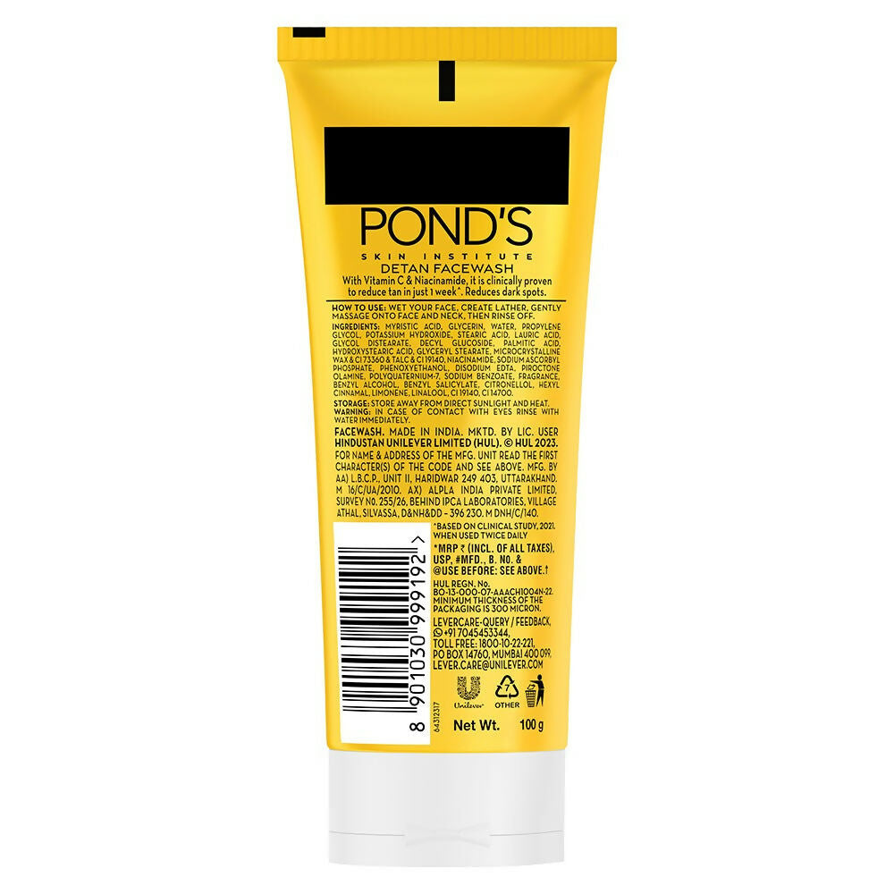 Ponds DeTan face wash with niacinamide and vitamin C, showing the product bottle and packaging on a clean surface.