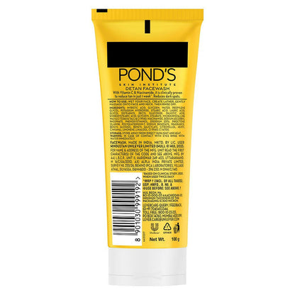 Ponds DeTan face wash with niacinamide and vitamin C, showing the product bottle and packaging on a clean surface.
