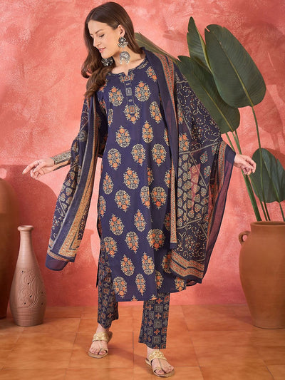 Indyancart SN Women's Ethnic Motifs Printed Pure Cotton Straight Kurta With Trousers & Dupatta