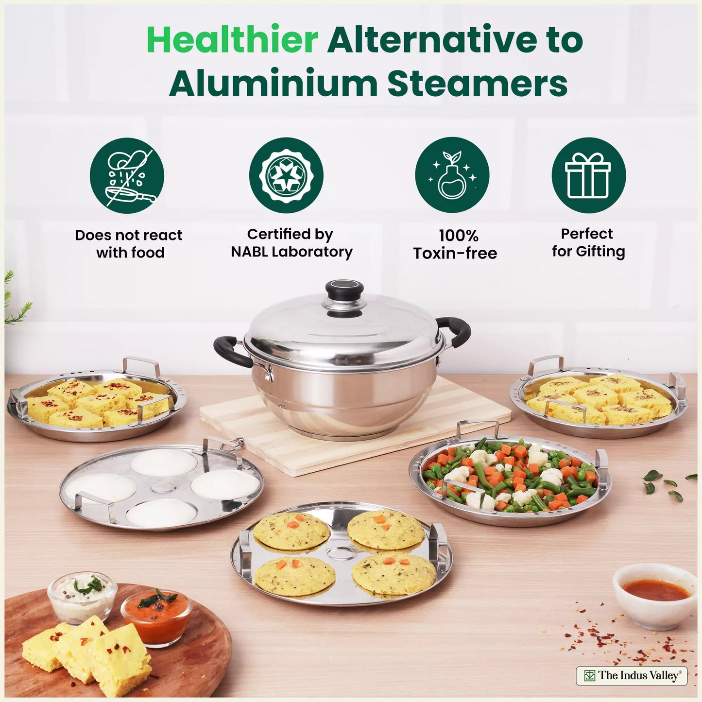 The Indus Valley tri-ply stainless steel multi pot with 5 aluminium steamers for idli, dhokla, momo, and vegetable steaming.