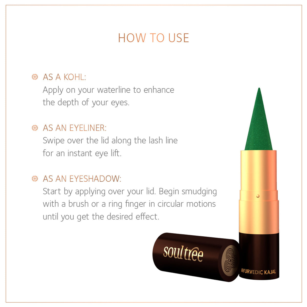 SoulTree Ratnavalli Jewel Kohl Kajal in a sleek, black pencil form with gold accents, designed for precise eye application.