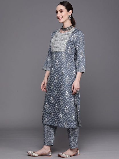 Indyancart IE Women Floral Printed Regular Sequinned Pure Cotton Kurta with Trousers & With Dupatta