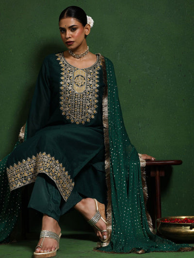 Indyancart VA Women'sFloral Embroidered Cotton Silk Zari Work Straight Kurta With Trousers & Dupatta