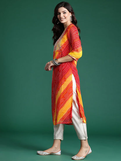 Indyancart IE Bandhani Printed Zari Georgette Kurta