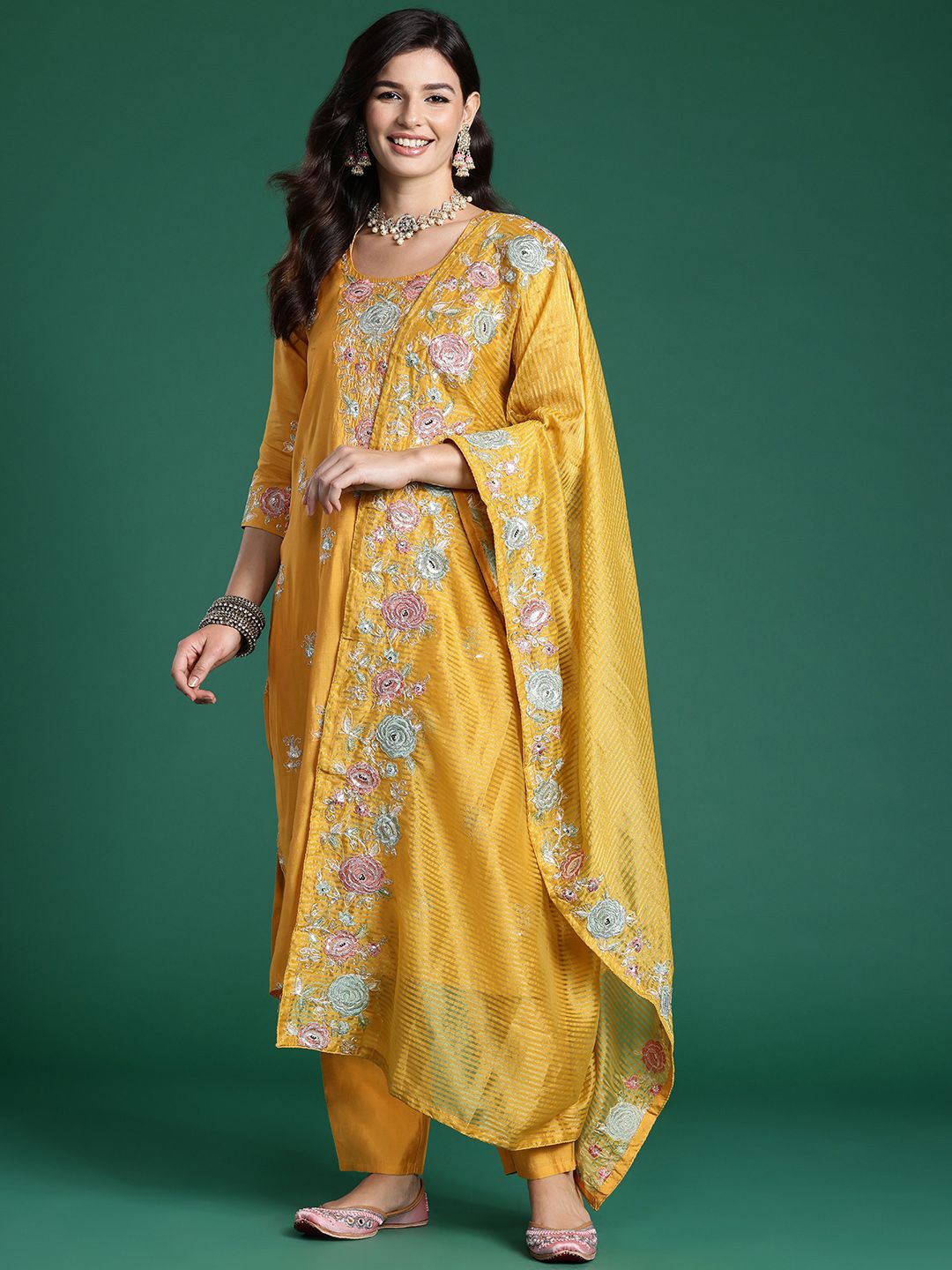 Indyancart IE Floral Embroidered Sequinned Kurta With Trousers & Dupatta
