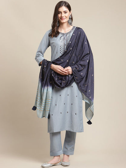 Indyancart VA Women's Grey & Navy Blue Floral Embroidered Kurti with Trousers & With Dupatta