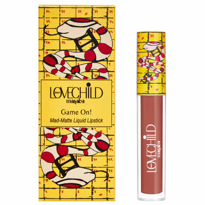 LoveChild Masaba matte transfer-proof liquid lipstick in shade 02 Ups Downs, enriched with jojoba and macadamia oil, shown on lips.