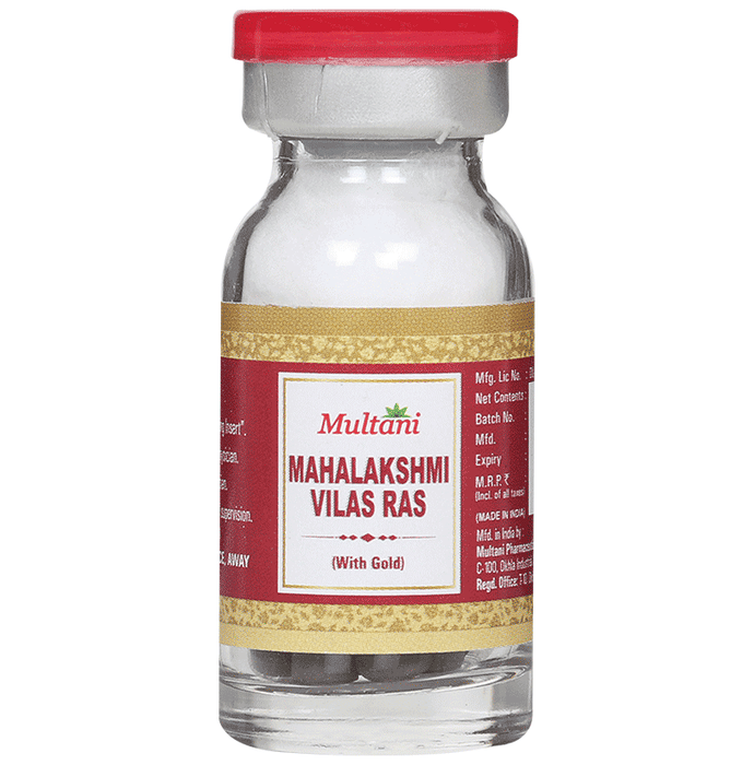 Multani Mahalaxmi Vilas Ras Ayurvedic tablets with gold flakes, traditional herbal medicine for health and wellness.