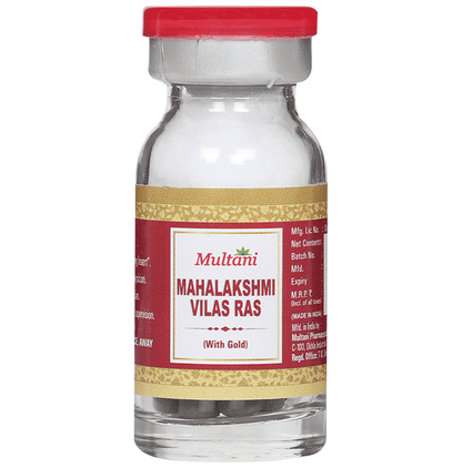 Multani Mahalaxmi Vilas Ras Ayurvedic tablets with gold flakes, traditional herbal medicine for health and wellness.