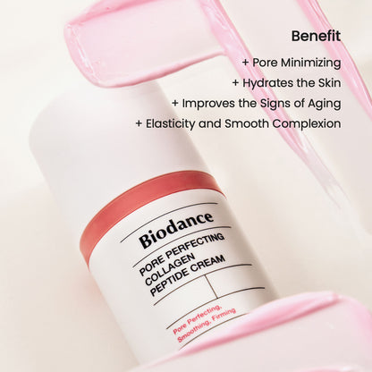 Biodance Pore Perfecting Collagen Peptide Cream jar with a smooth, white cream inside, showcasing skincare for pore refinement and collagen boost.