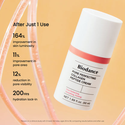Biodance Pore Perfecting Collagen Peptide Cream jar with lid, showcasing the product label and creamy texture inside.
