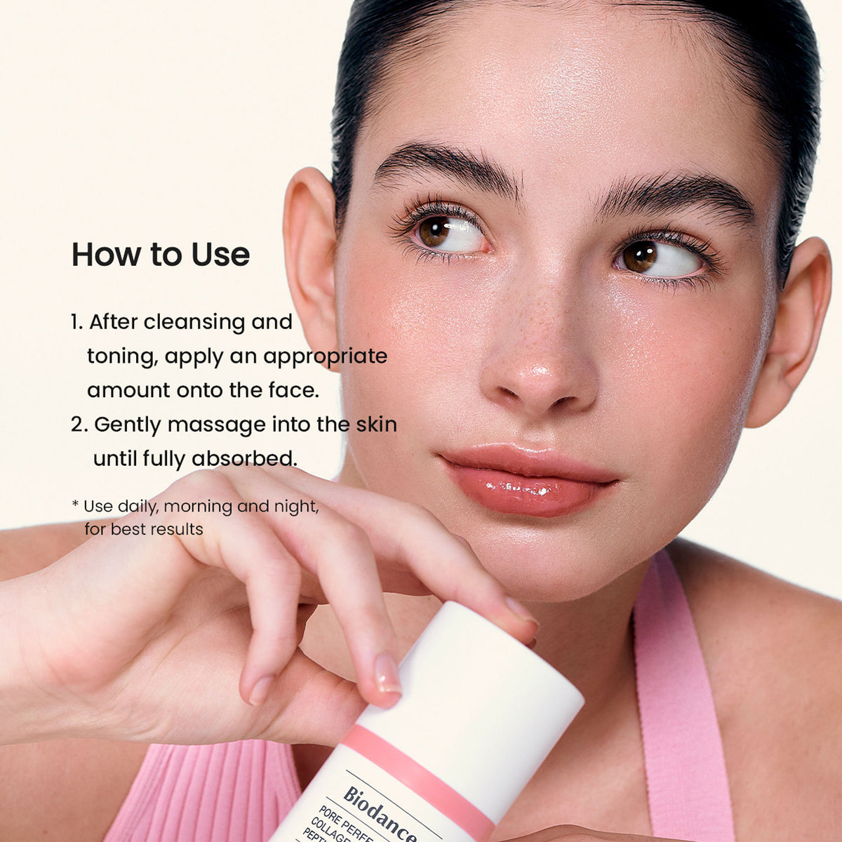 Biodance Pore Perfecting Collagen Peptide Cream jar with a white lid and clear label showing product details.