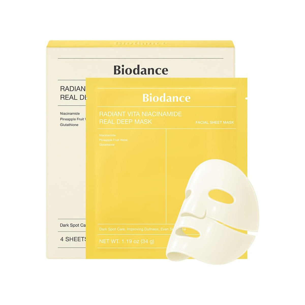 Biodance Radiant Vita Niacinamide Real Deep Mask pack of 4, showing individual sheet masks with nourishing ingredients.