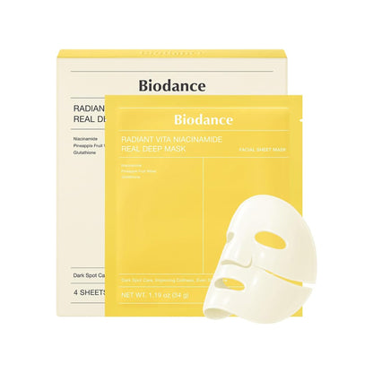 Biodance Radiant Vita Niacinamide Real Deep Mask pack of 4, showing individual sheet masks with nourishing ingredients.