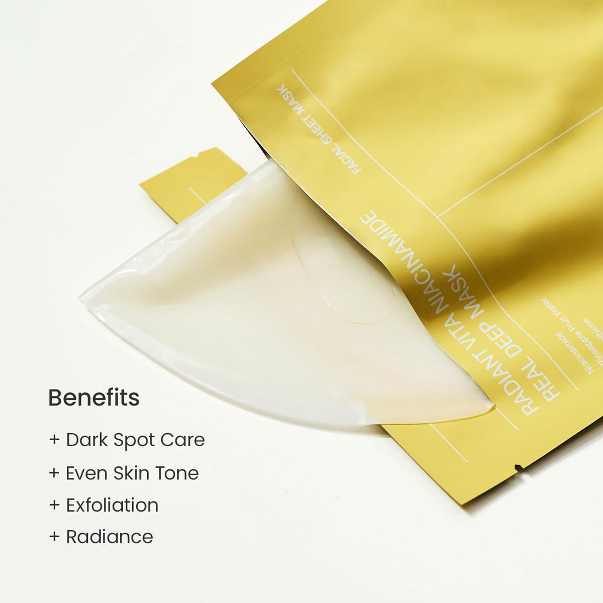 Biodance Radiant Vita Niacinamide Real Deep Mask pack of 4 with skincare product packaging and mask sheets displayed.