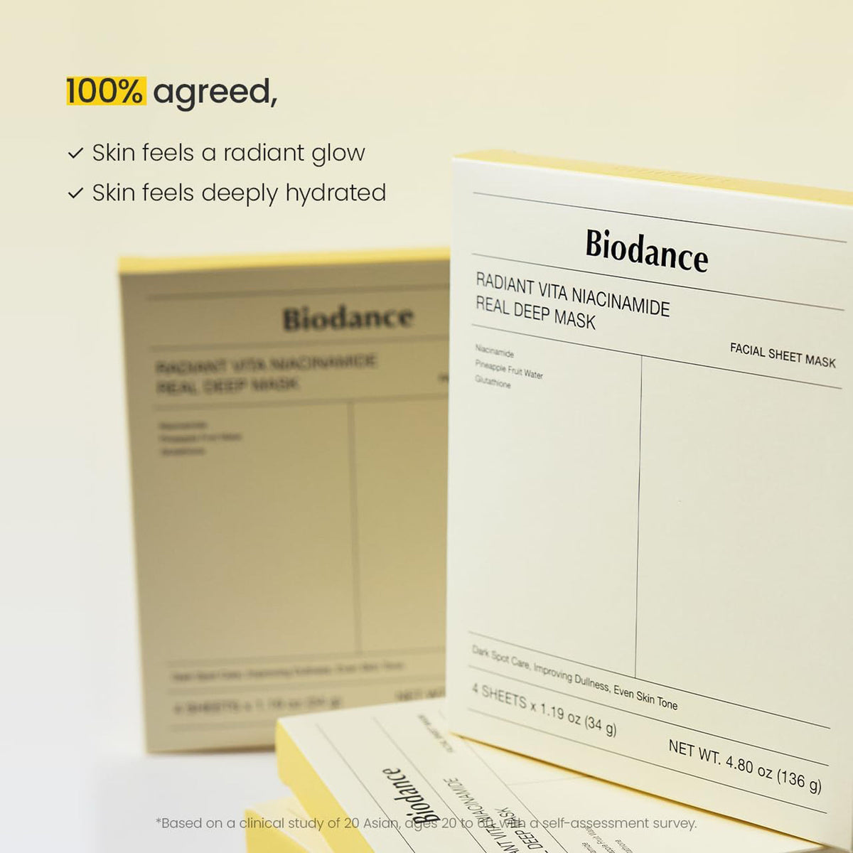 Biodance Radiant Vita Niacinamide Real Deep Mask pack of 4 showing the skincare mask with vibrant packaging and product details.
