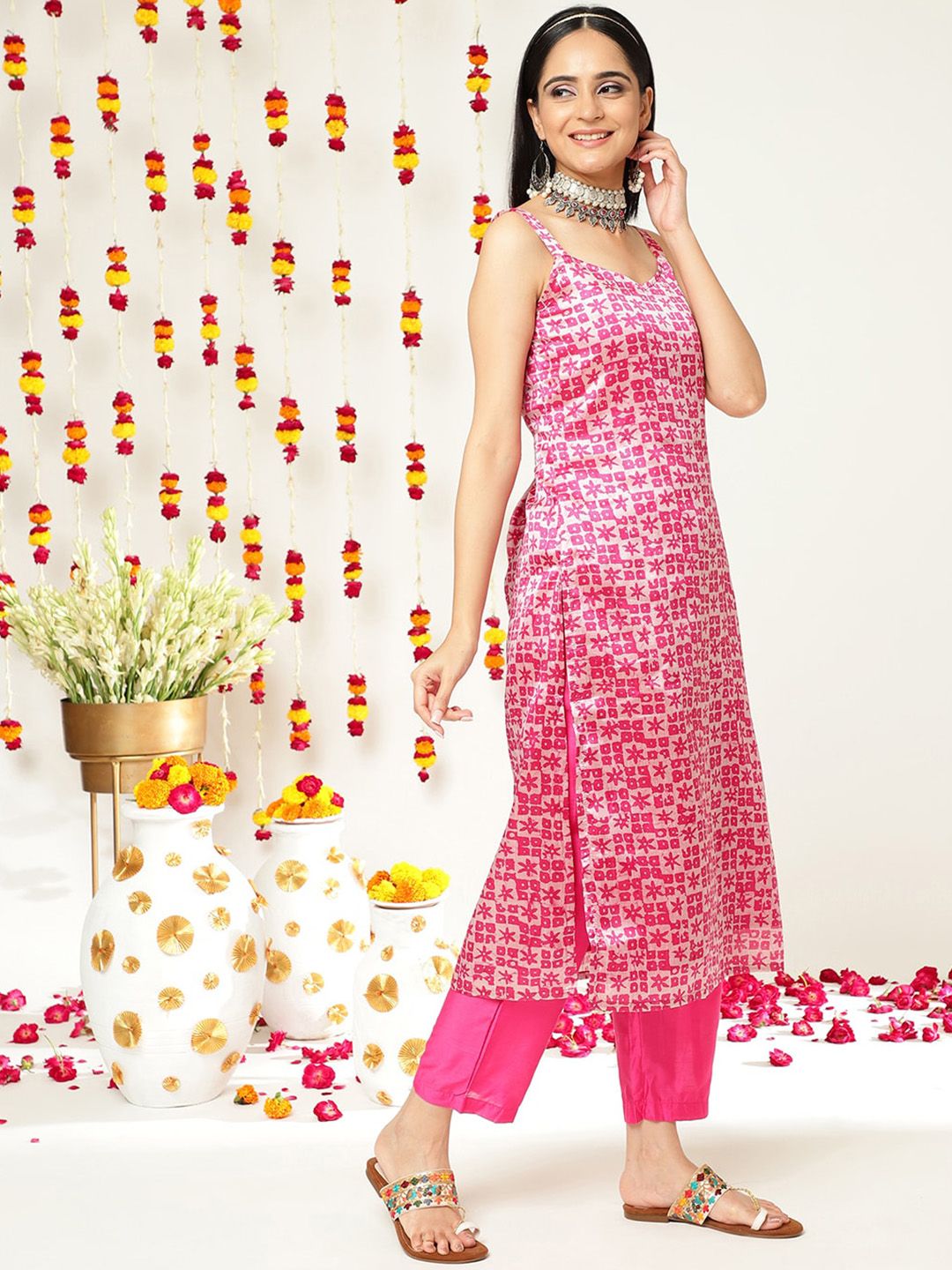 Indyancart VA Women's Batik Abstract Print Shoulder Straps Straight Kurta With Trousers & Dupatta