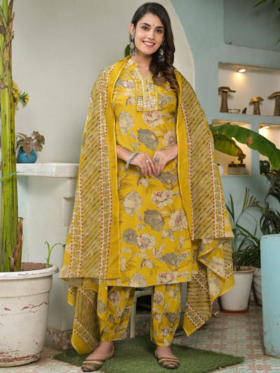 Indyancart VA Women's Floral Printed Regular Mirror Work Pure Cotton Kurta with Salwar & With Dupatta