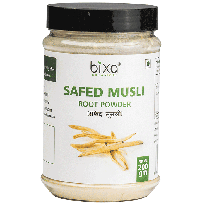 Bixa Botanical Safed Musli powder, Ayurvedic herbal supplement in a clear plastic bag with label, close-up view.
