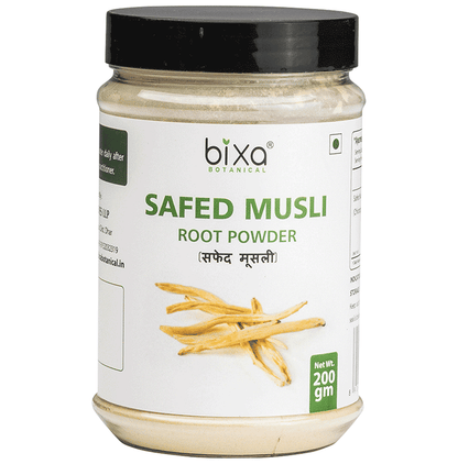 Bixa Botanical Safed Musli powder, Ayurvedic herbal supplement in a clear plastic bag with label, close-up view.