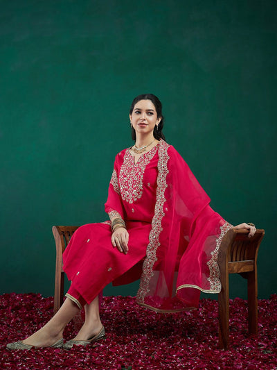 Indyancart IE Floral Embroidered Regular Liva Zari Kurta With Trousers & Dupatta