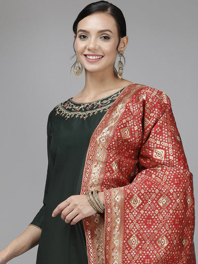 Indyancart IE Women Green Ethnic Motifs Regular Liva Kurta with Trousers & Dupatta