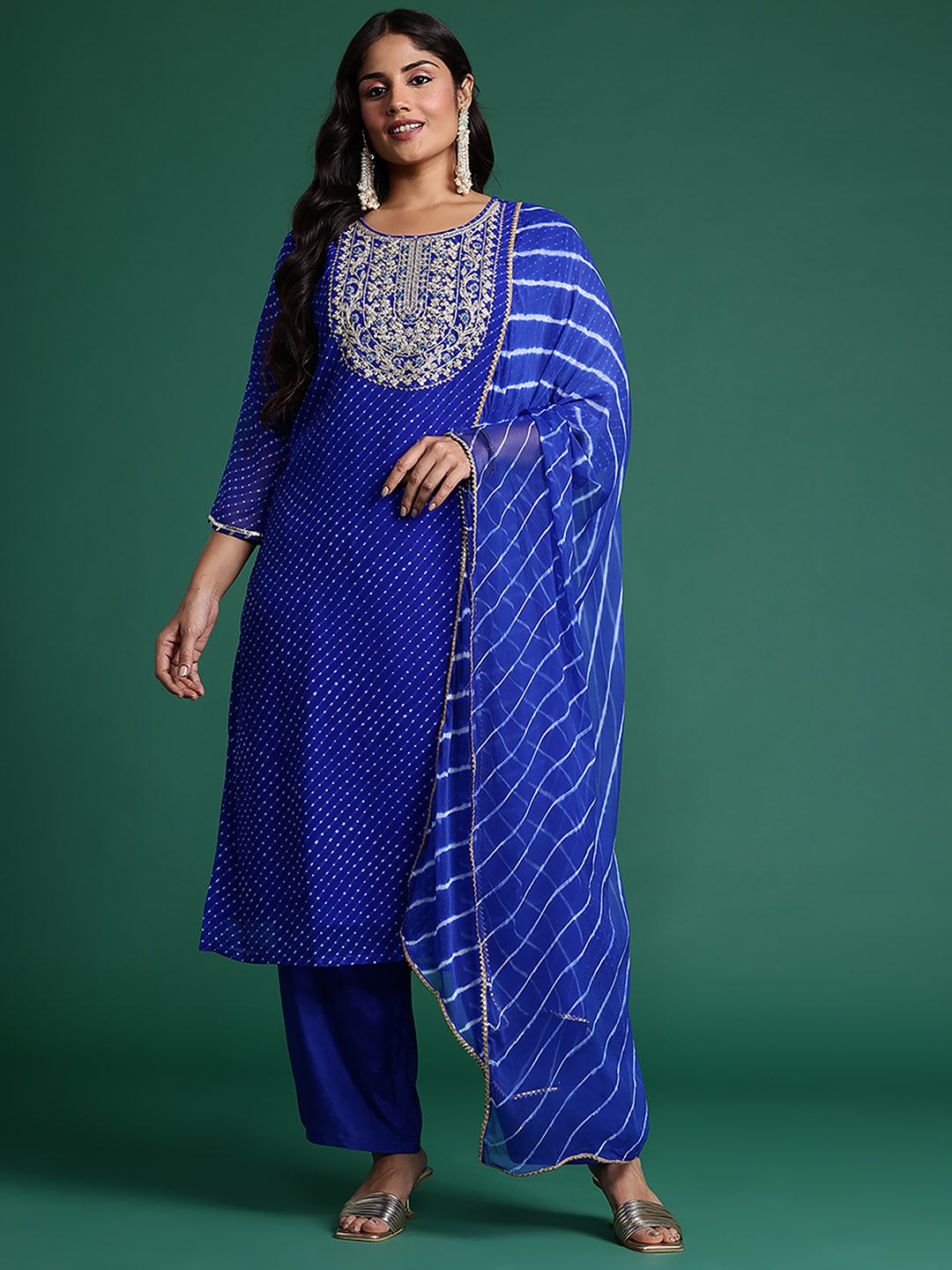 Indyancart IE Plus Size Leheriya Printed Zari Kurta with Trousers & Dupatta
