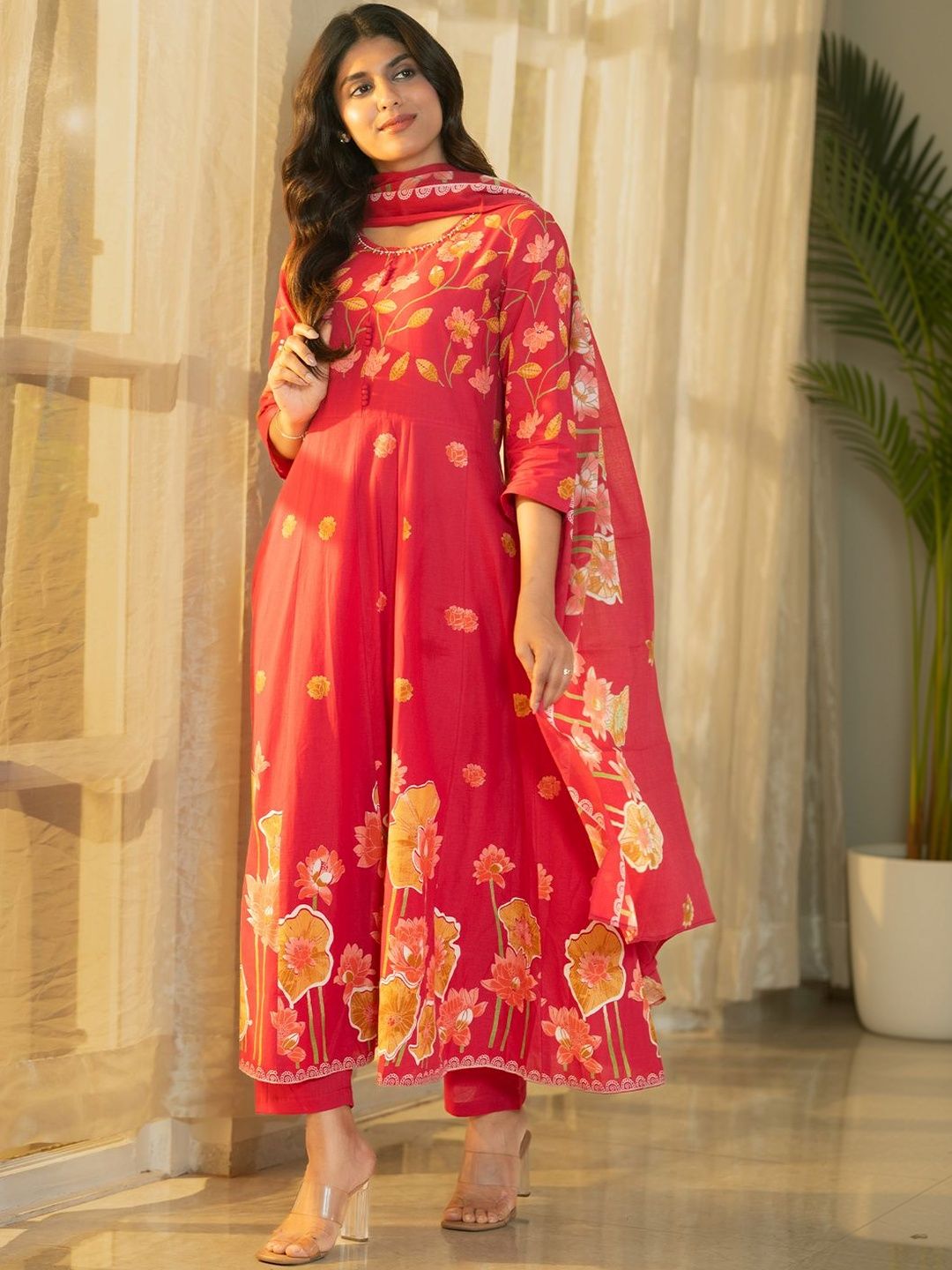 Women Floral Printed Panelled Pure Cotton Kurta with Trousers & With Dupatta