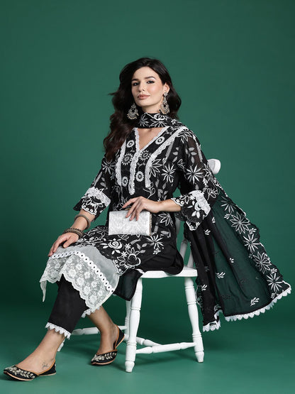 Indyancart IE Floral Embroidered Thread Work Pure Cotton Kurta With Trousers & Dupatta