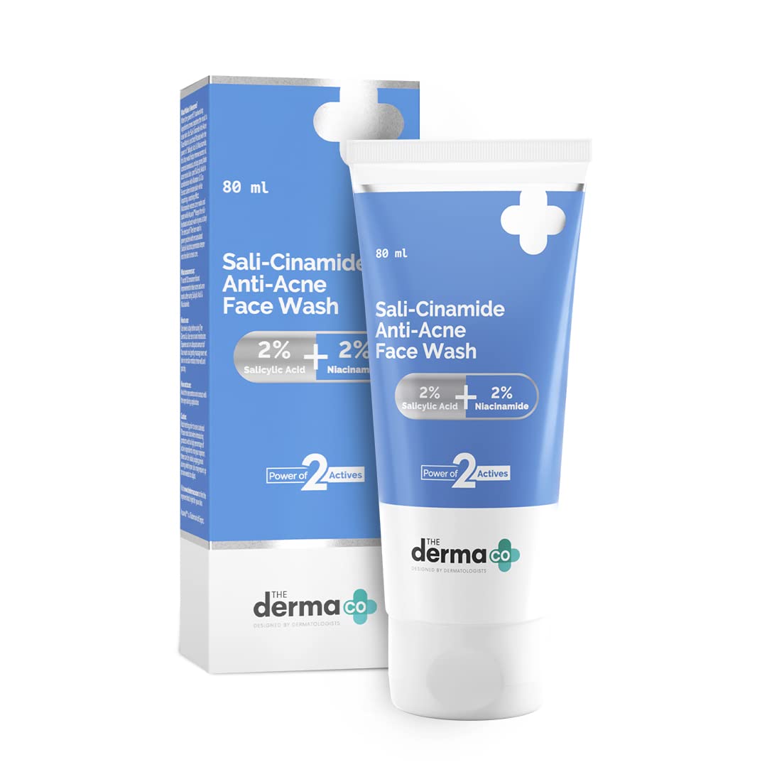 The Derma Co Sali-Cinamide Anti-Acne Face Wash in a clear tube with a white and blue label, suitable for acne-prone skin.