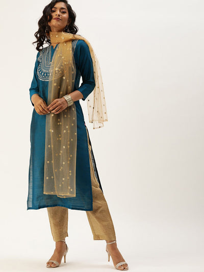 Indyancart VA Women's Teal Layered Kurta with Trousers & With Dupatta