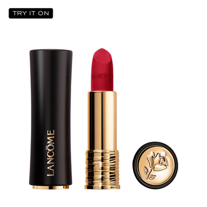 Lancome L'Absolu Rouge Drama Matte Lipstick in Rouge Pigalle, shows the vibrant, longwear, pigmented lipstick in its tube.