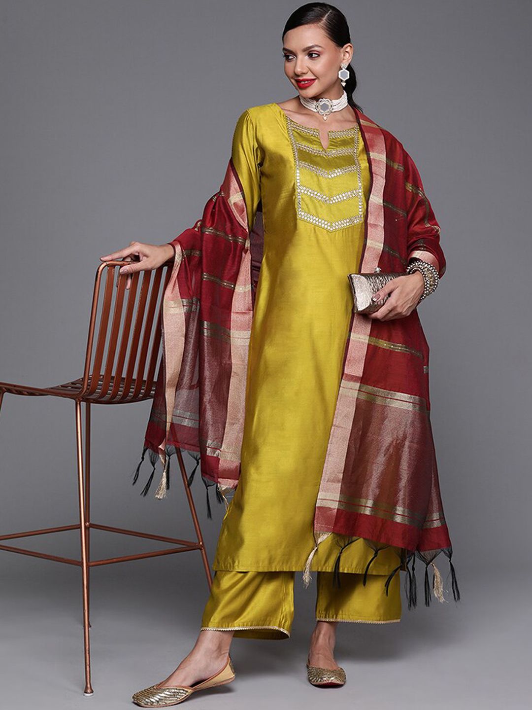 Indyancart IE Mustard Yellow & Maroon Yoke Design Liva Kurta with Trousers & Dupatta