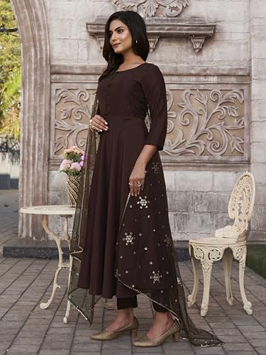 Indyancart TI Women's Coco Color Chinon Solid Flared Kurta and Pant with Sequenced Dupatta
