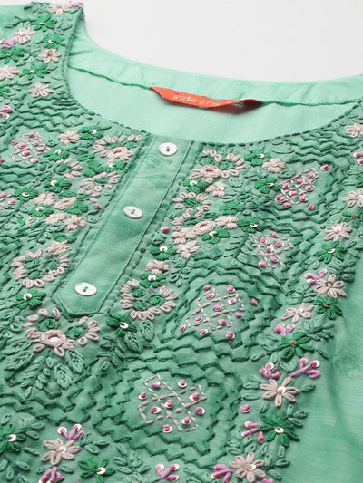 Indyancart IE Floral Printed Thread Work Chanderi Silk Kurta with Trousers & Dupatta